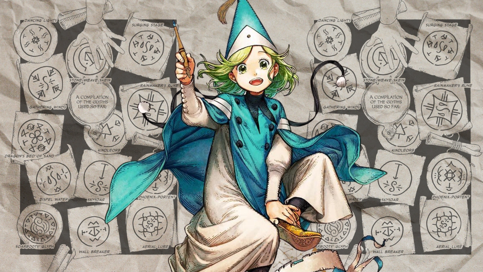 Coco drawing spell circles and magical glyphs in Witch Hat Atelier.